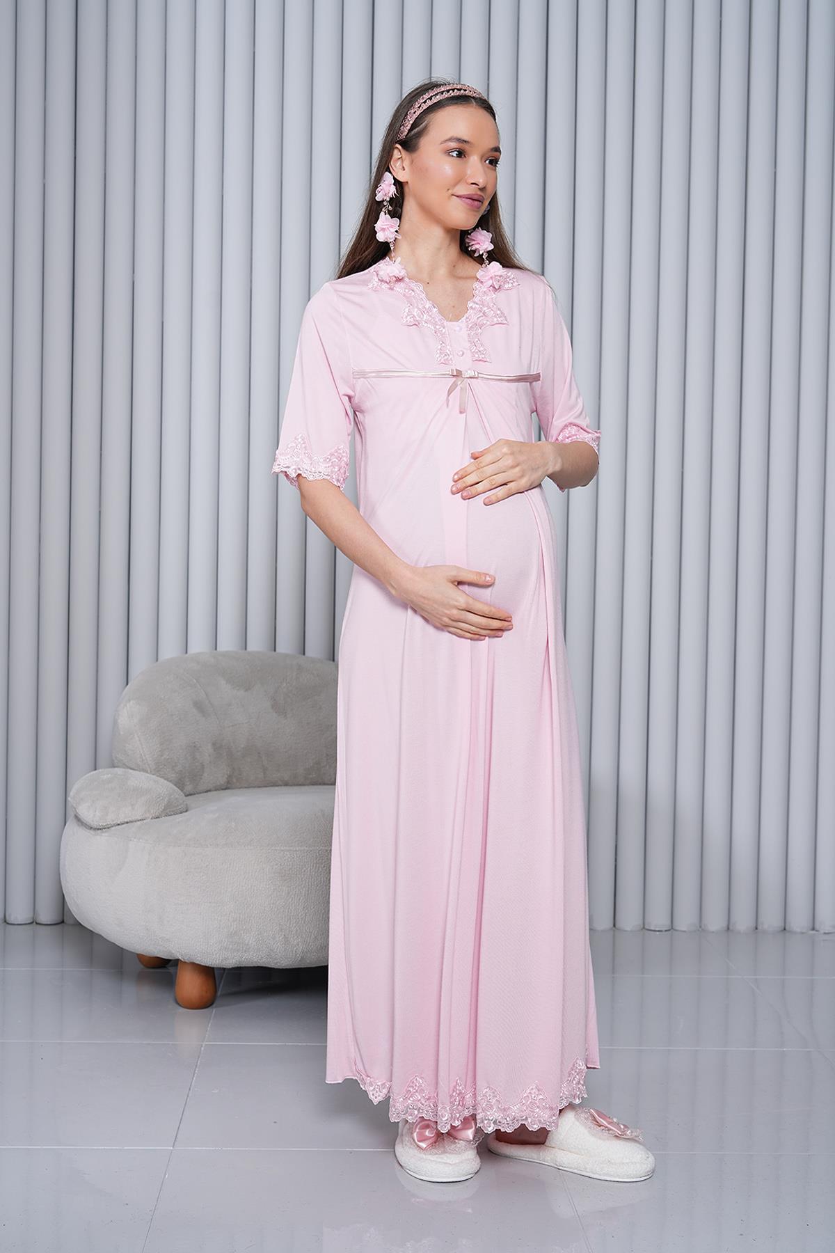 Gizli Emzirme Özellikli Pudra Lohusa Gecelik