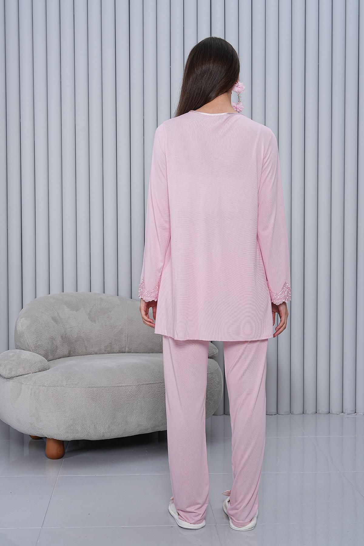 Gizli Emzirme Özellikli Pudra Sabahlıklı Uzun Kol Lohusa Pijama Takımı