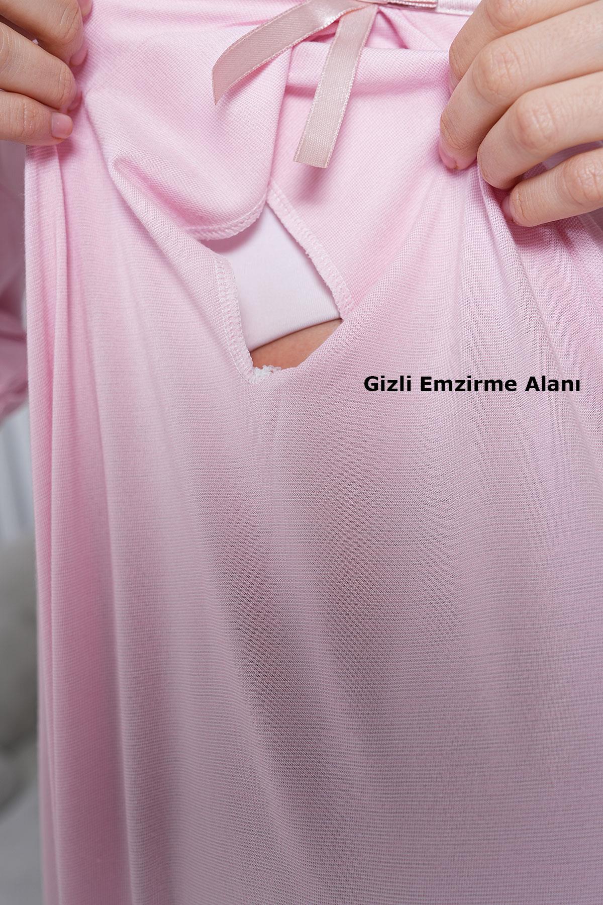 Gizli Emzirme Özellikli Pudra Sabahlıklı Uzun Kol Lohusa Pijama Takımı