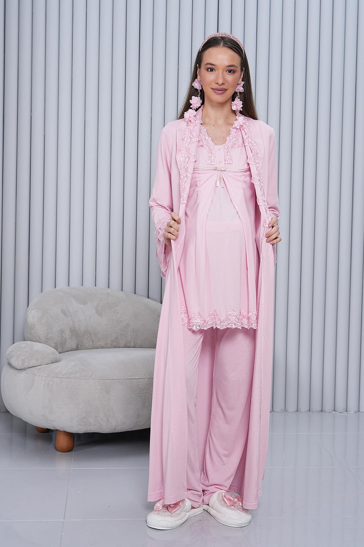 Gizli Emzirme Özellikli Pudra Sabahlıklı Uzun Kol Lohusa Pijama Takımı