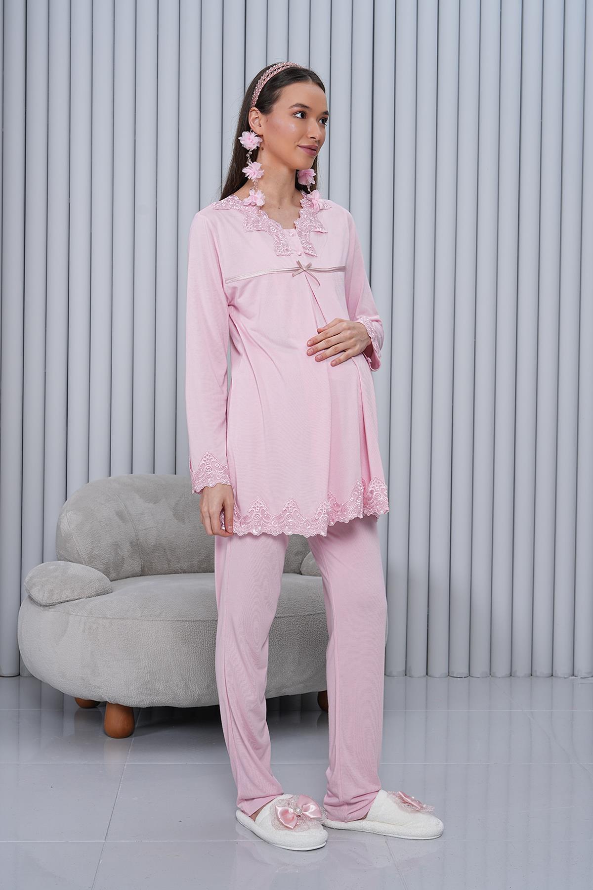 Gizli Emzirme Özellikli Pudra Sabahlıklı Uzun Kol Lohusa Pijama Takımı