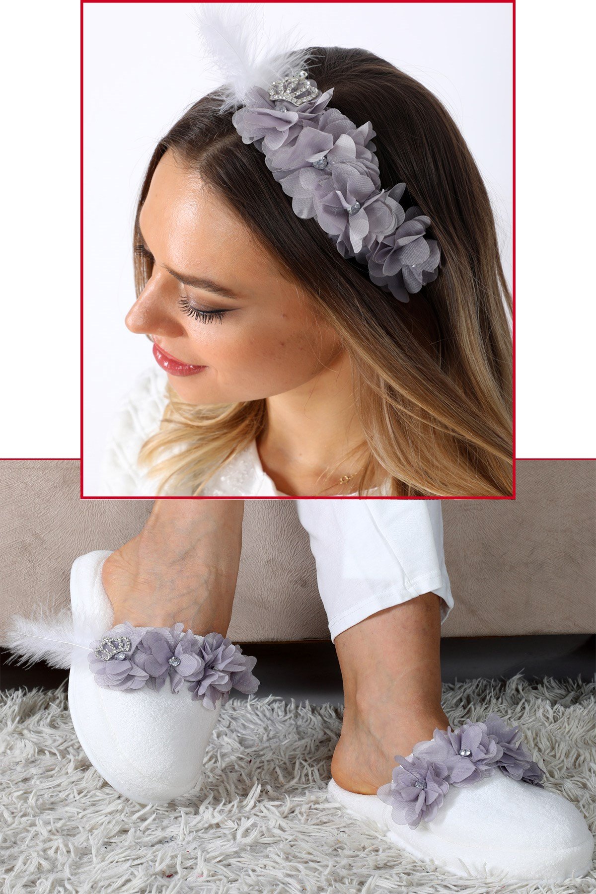 Gri Lotus Lohusa tac ve Lohusa Terlik Seti