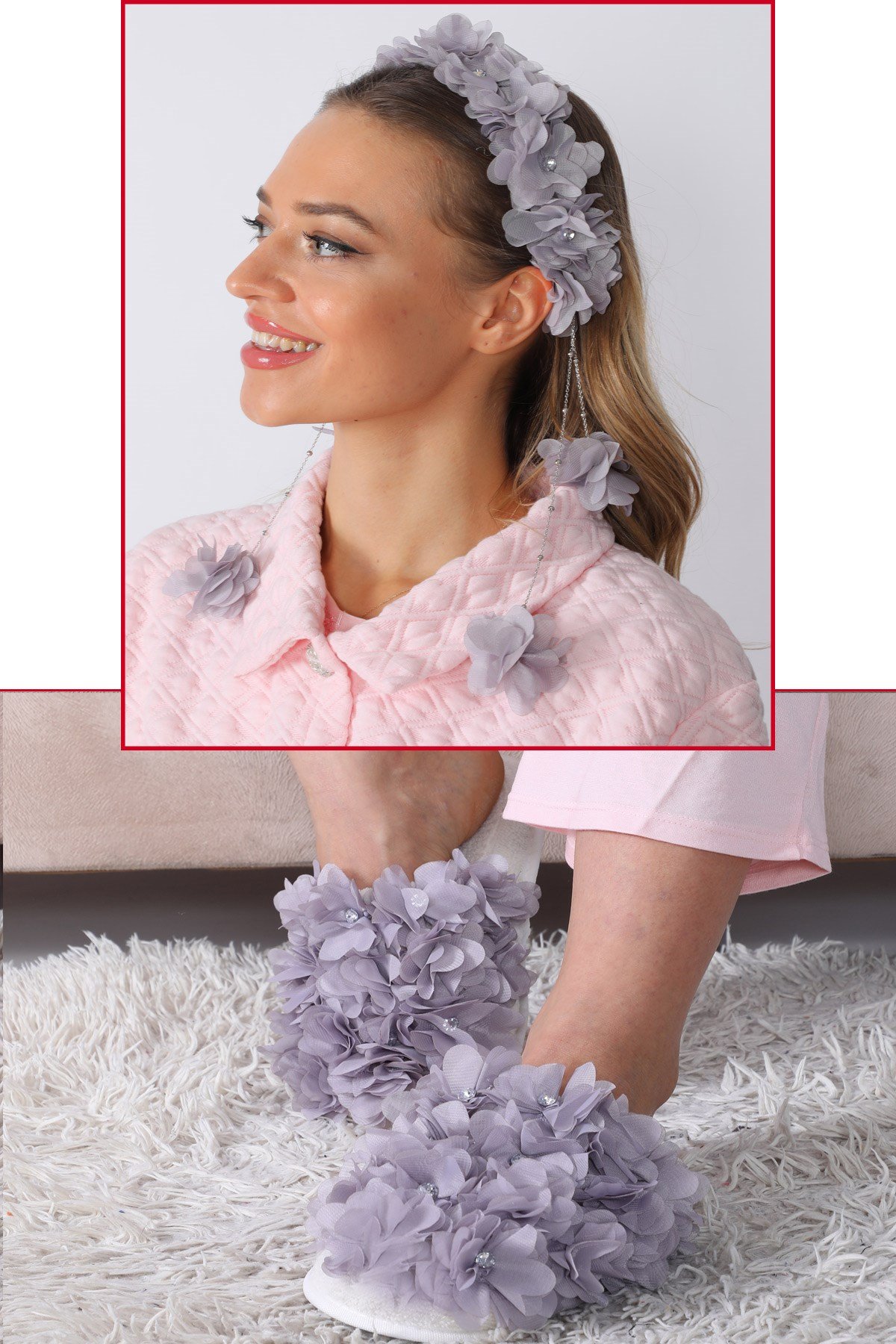 Gri Sarkan Lohusa tac ve Lohusa Terlik Seti