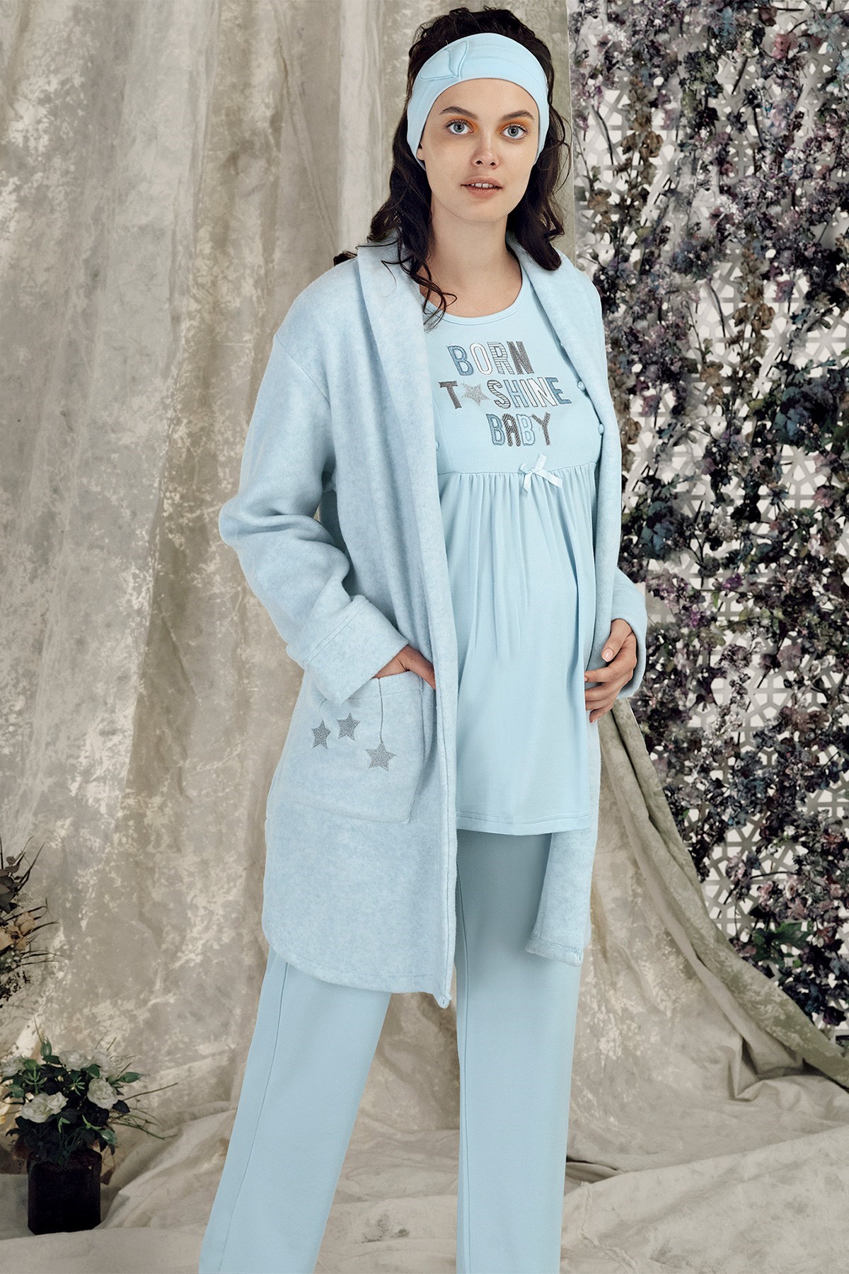 Haluk Bayram 3617 Mavi Sabahlıklı Lohusa Pijama Takımı