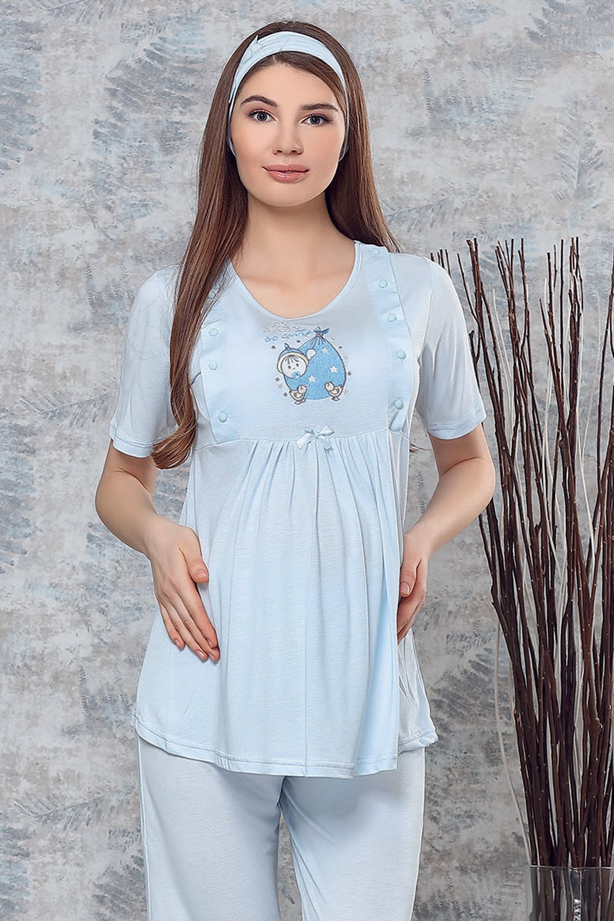 Haluk Bayram 3715 My Baby Mavi Sabahlıklı Lohusa Pijama Takımı
