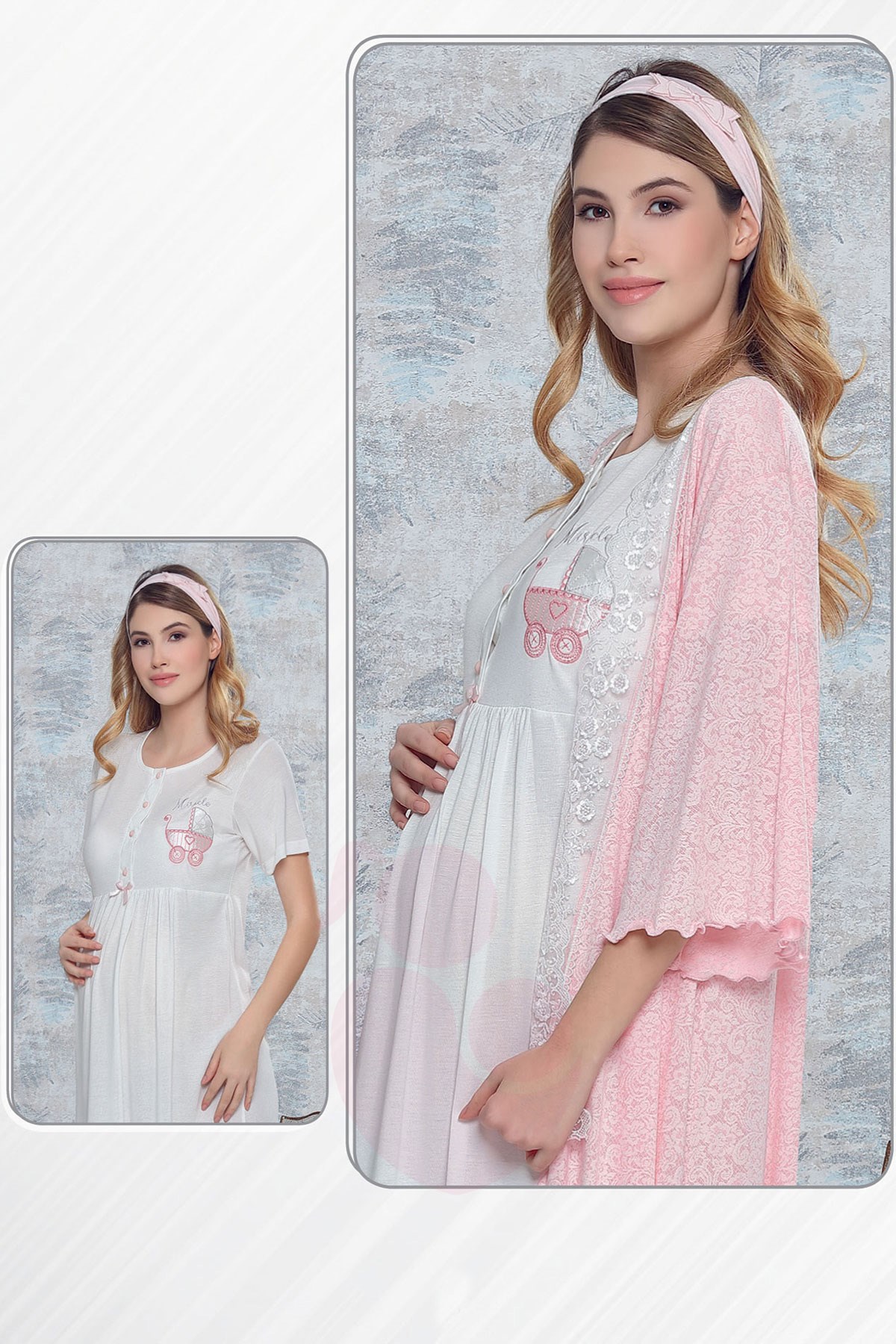 Haluk Bayram 3750 Dantel Kenar Sabahlıklı Lohusa Pijama Takımı