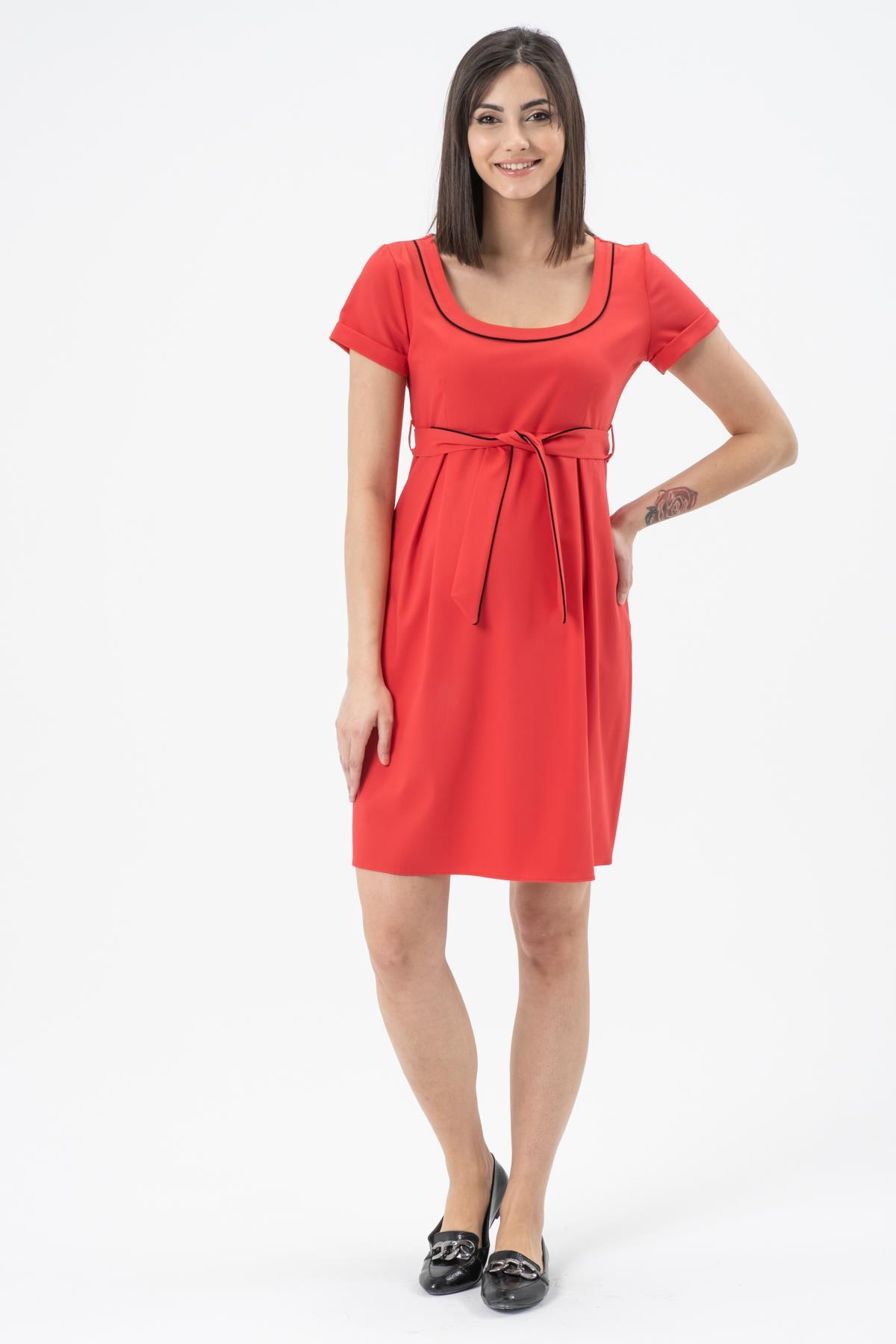 Hamile Günlük Elbise Belden Kemerli Kırmızı