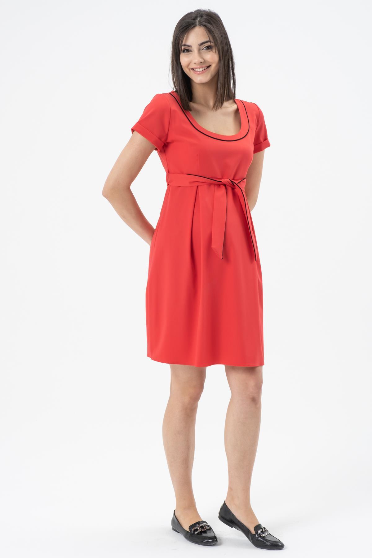 Hamile Günlük Elbise Belden Kemerli Kırmızı
