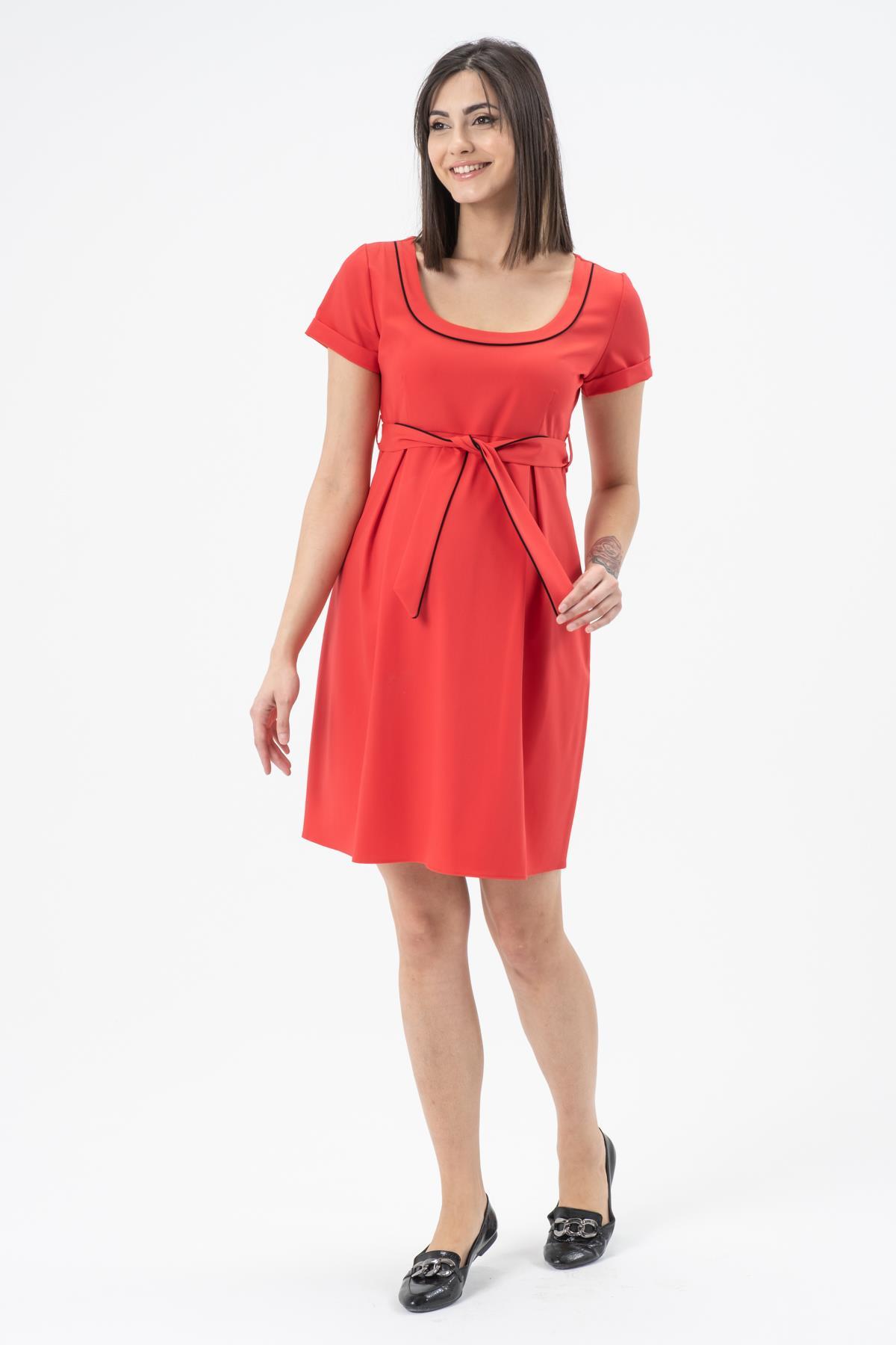 Hamile Günlük Elbise Belden Kemerli Kırmızı