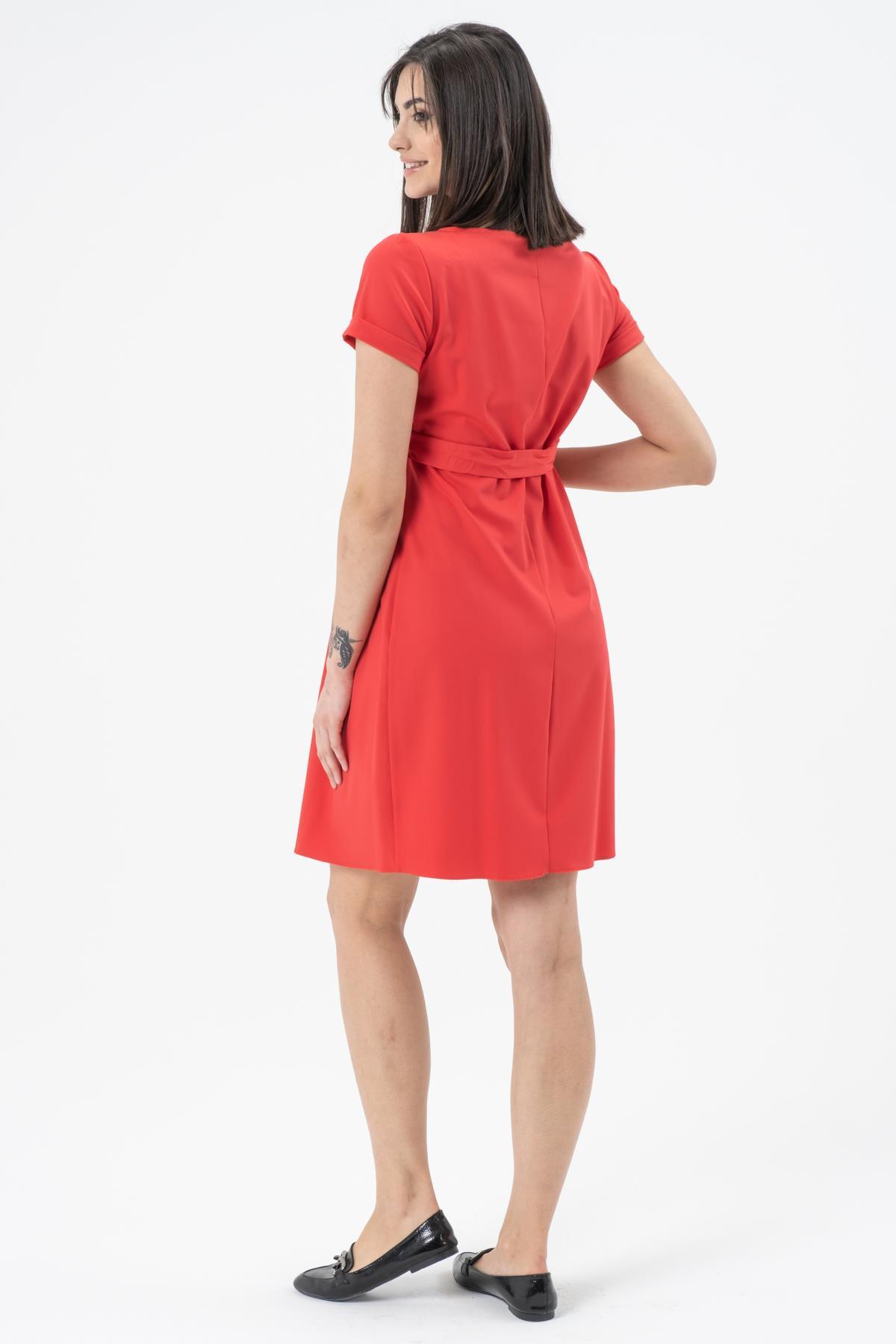 Hamile Günlük Elbise Belden Kemerli Kırmızı