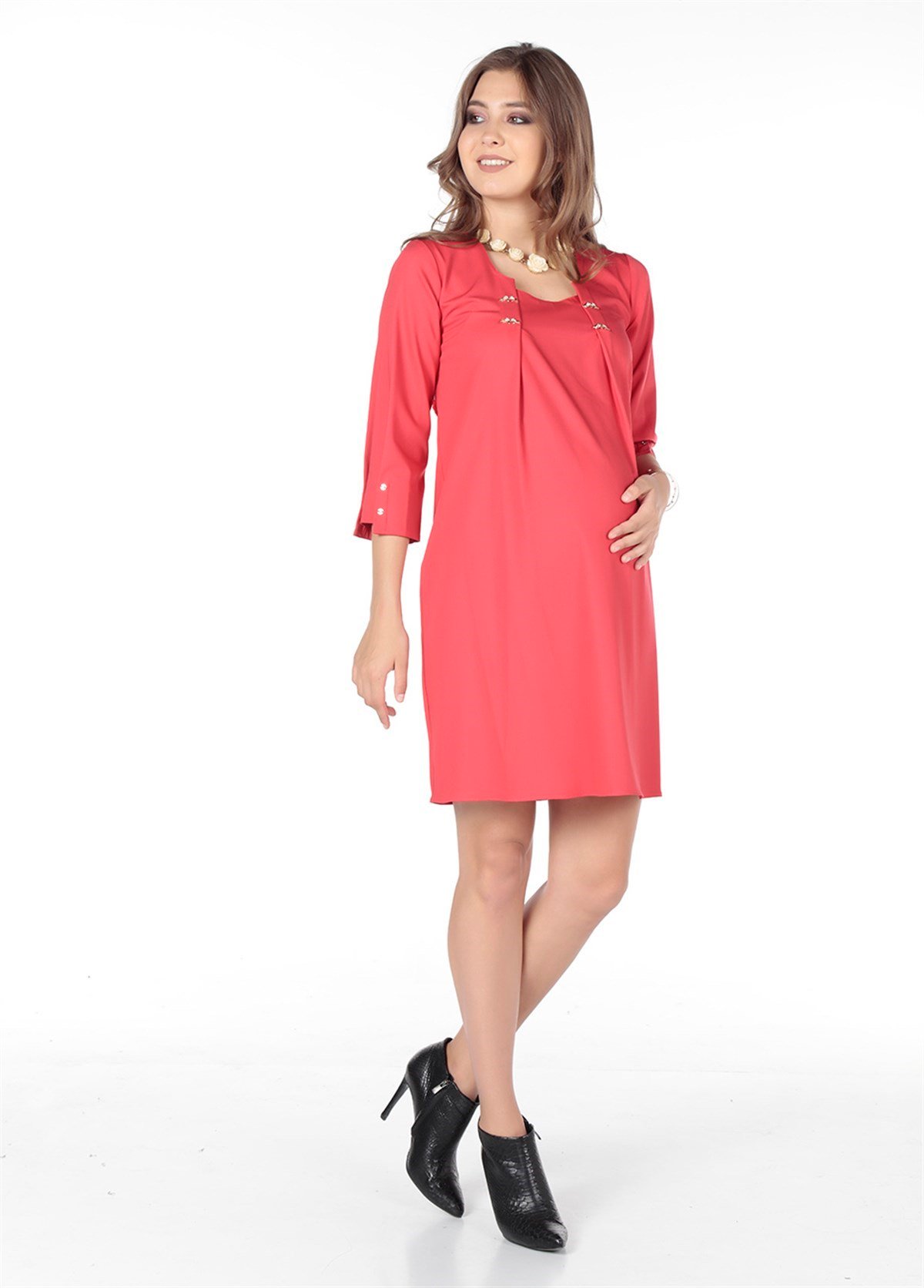Hamile Günlük Elbise Çift Yaka Aksesuarlı Kırmızı