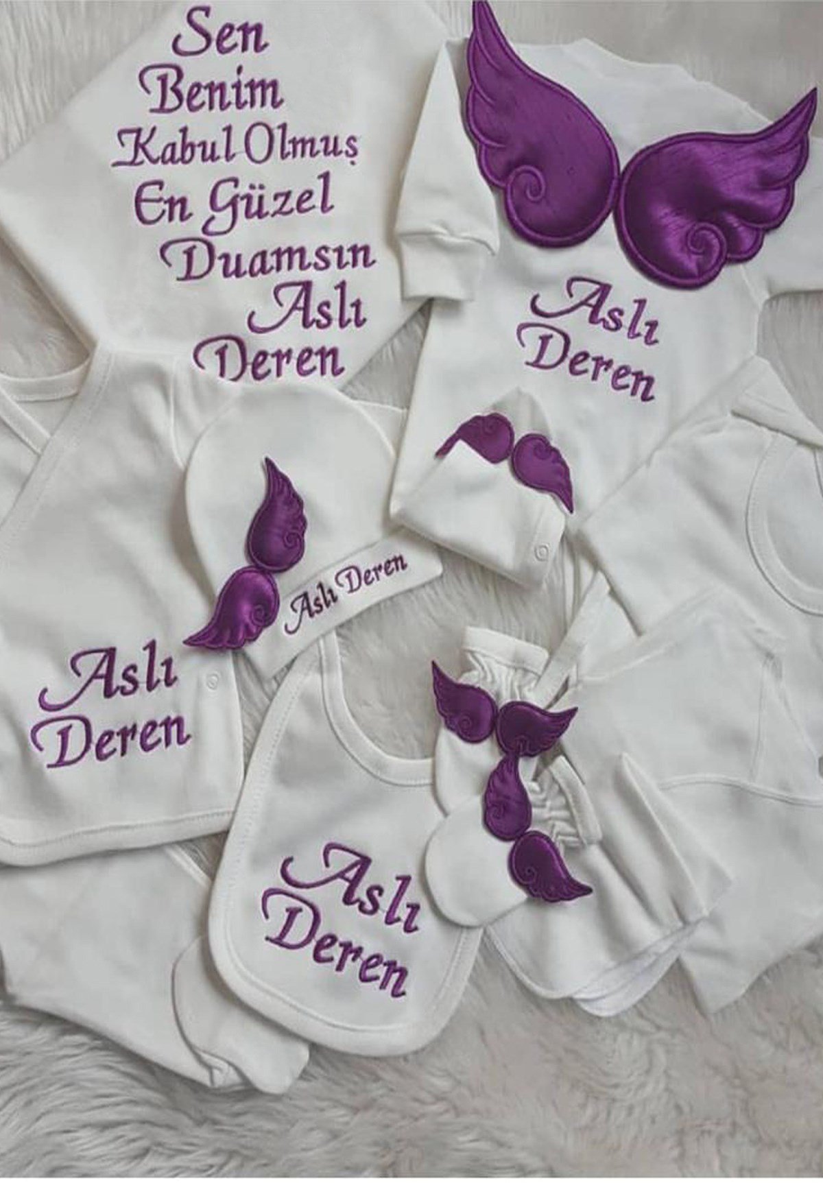 İsim Kanat Nakış İşlemeli 10'lu Bebek Seti-LH1043