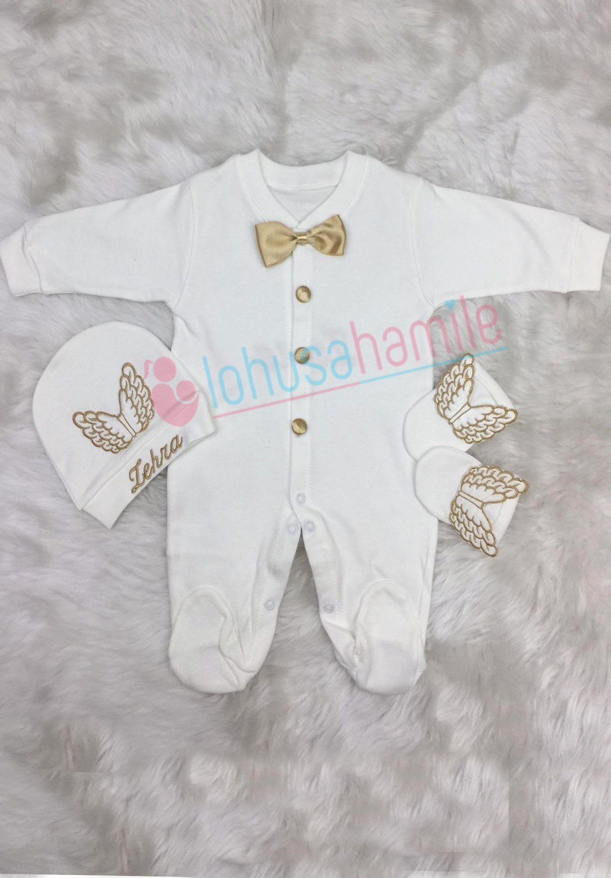 İsime Özel Atom Kanat Nakışlı 3'lü Bebek Tulum Seti