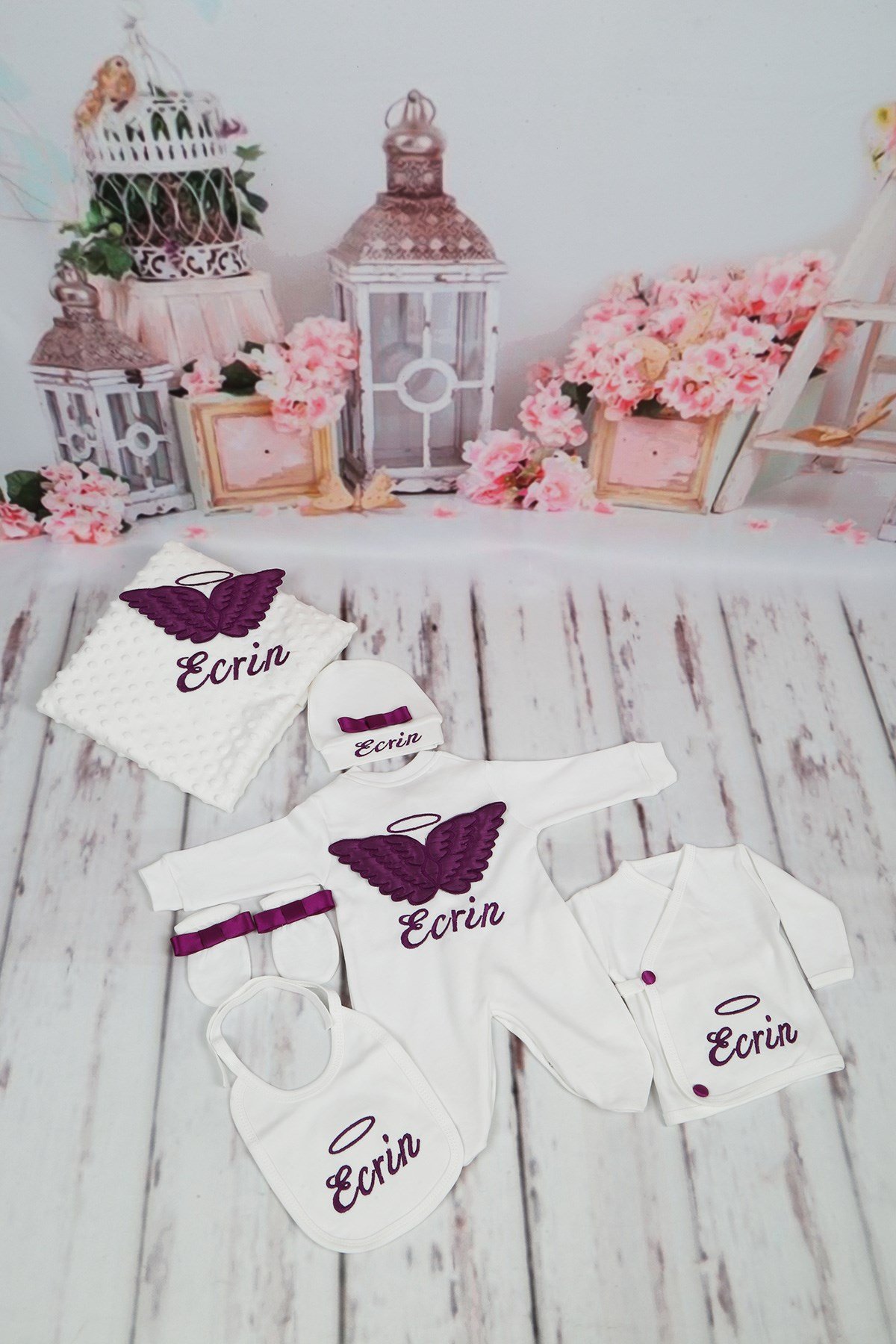 Personalized Purple Wing Embroidered 10 Piece Baby Rompers Set-1037