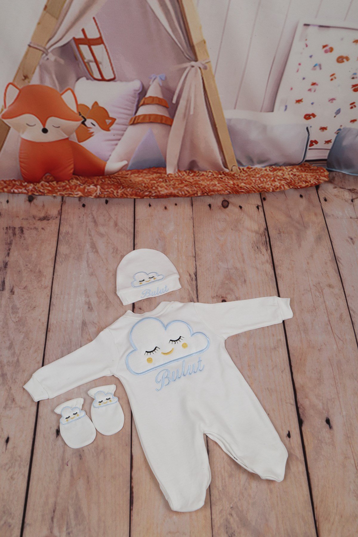 isimli Bulut Nakışlı 3'lu Bebek Tulum Seti-3048