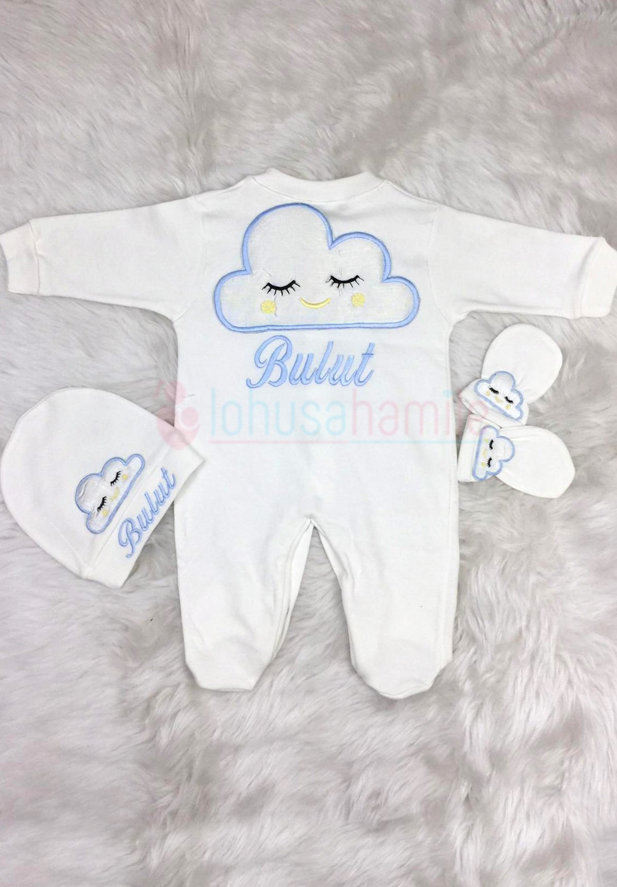 isimli Bulut Nakışlı 3'lu Bebek Tulum Seti-3048