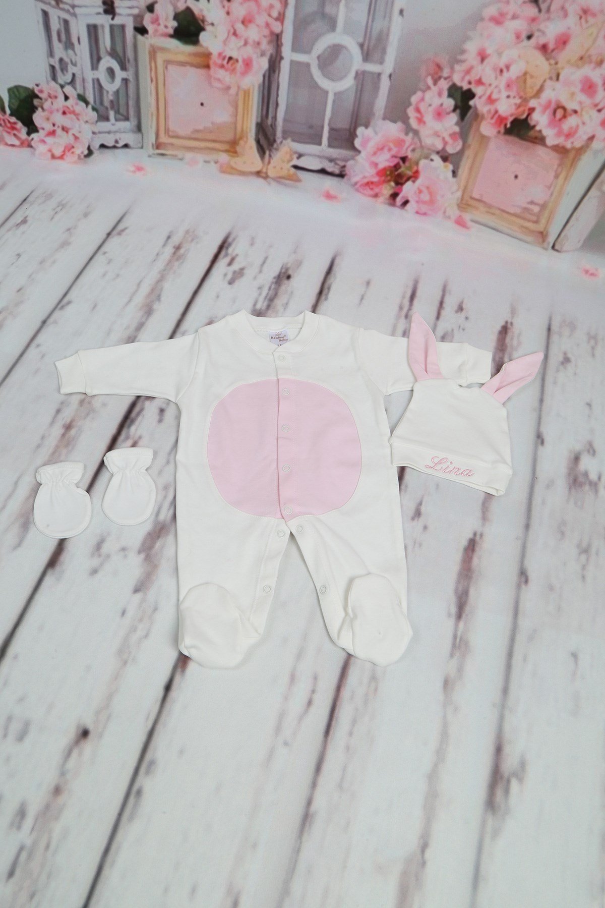 Personalized Ecru-Pink Rabbit Model 3-Piece Baby Rompers Set