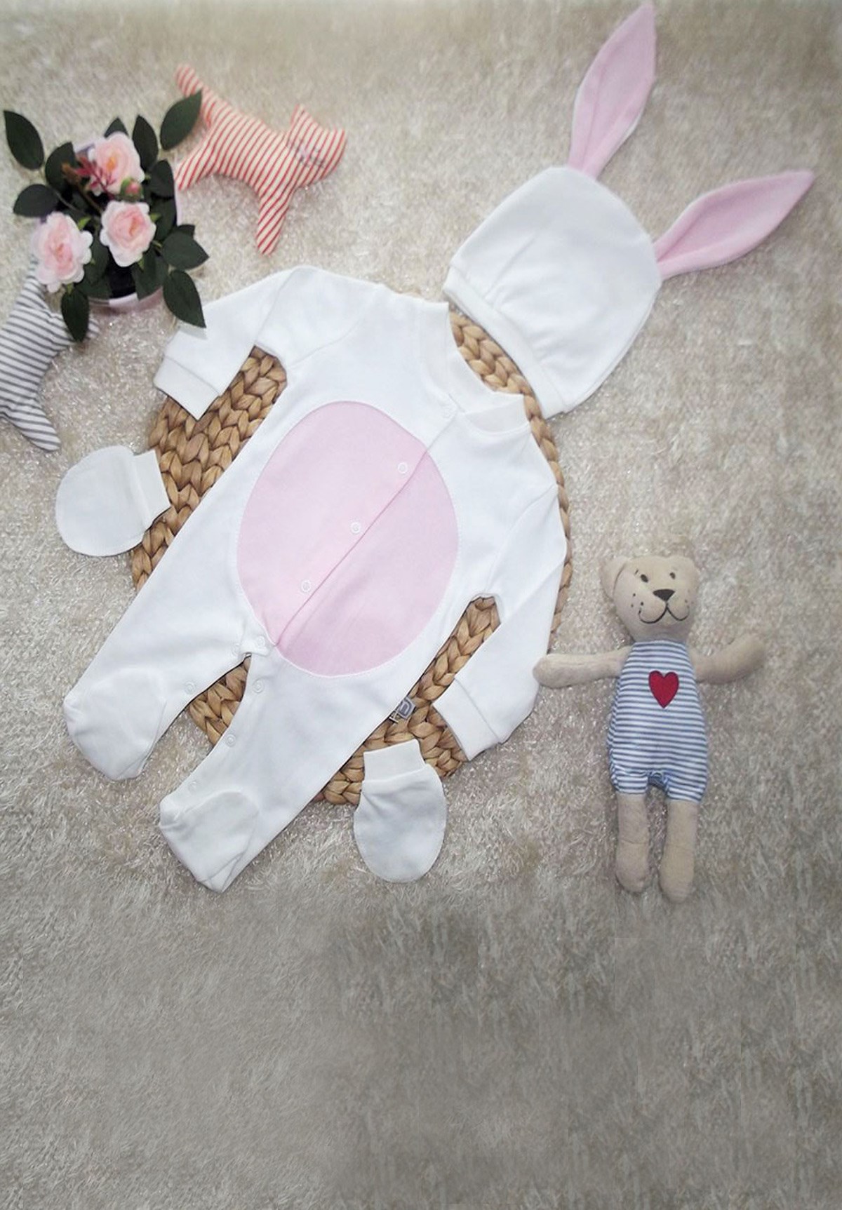 İsimli Ekru-Pembe Tavşanlı 3'lü Tulum Seti