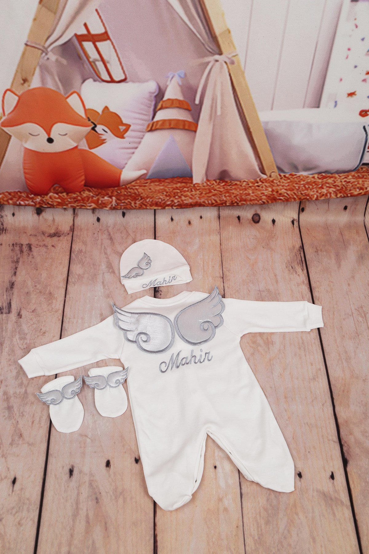 İsimli Gri Kanatlı 3'lu Bebek Tulum Seti-3044