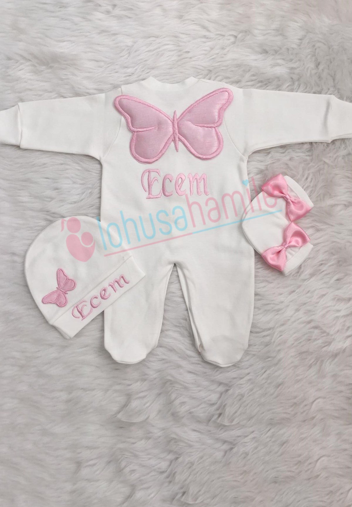 İsimli Pembe Kelebek 3'lu Bebek Tulum Seti-3040