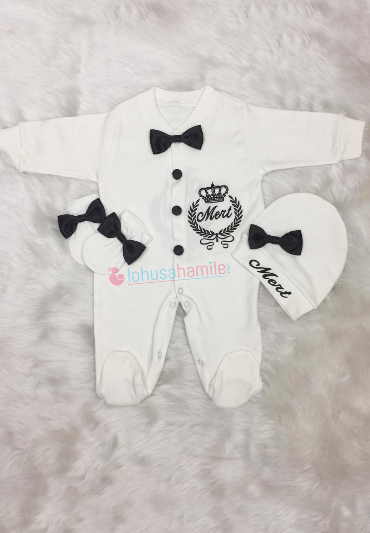 İsimli Siyah Tac Nakışlı 3'lu Bebek Tulum Seti-3014