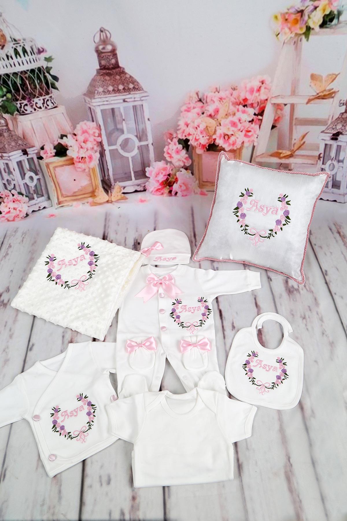 İsme Özel Bahar Esintisi Nakışlı 11li Yastıklı Hastane Çıkış Set