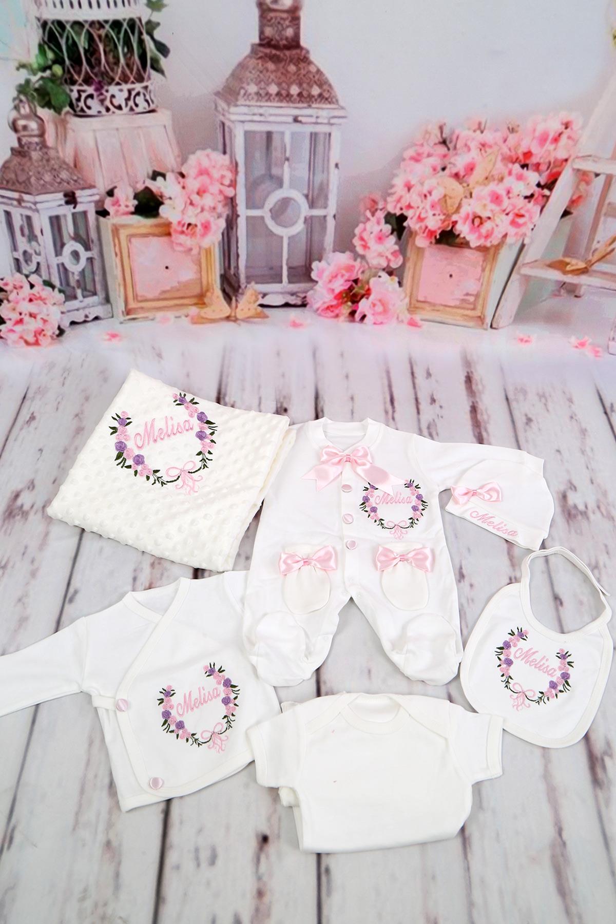 İsme Özel Bahar Esintisi Pembe Nakışlı 10lu Hastane Çıkış Set