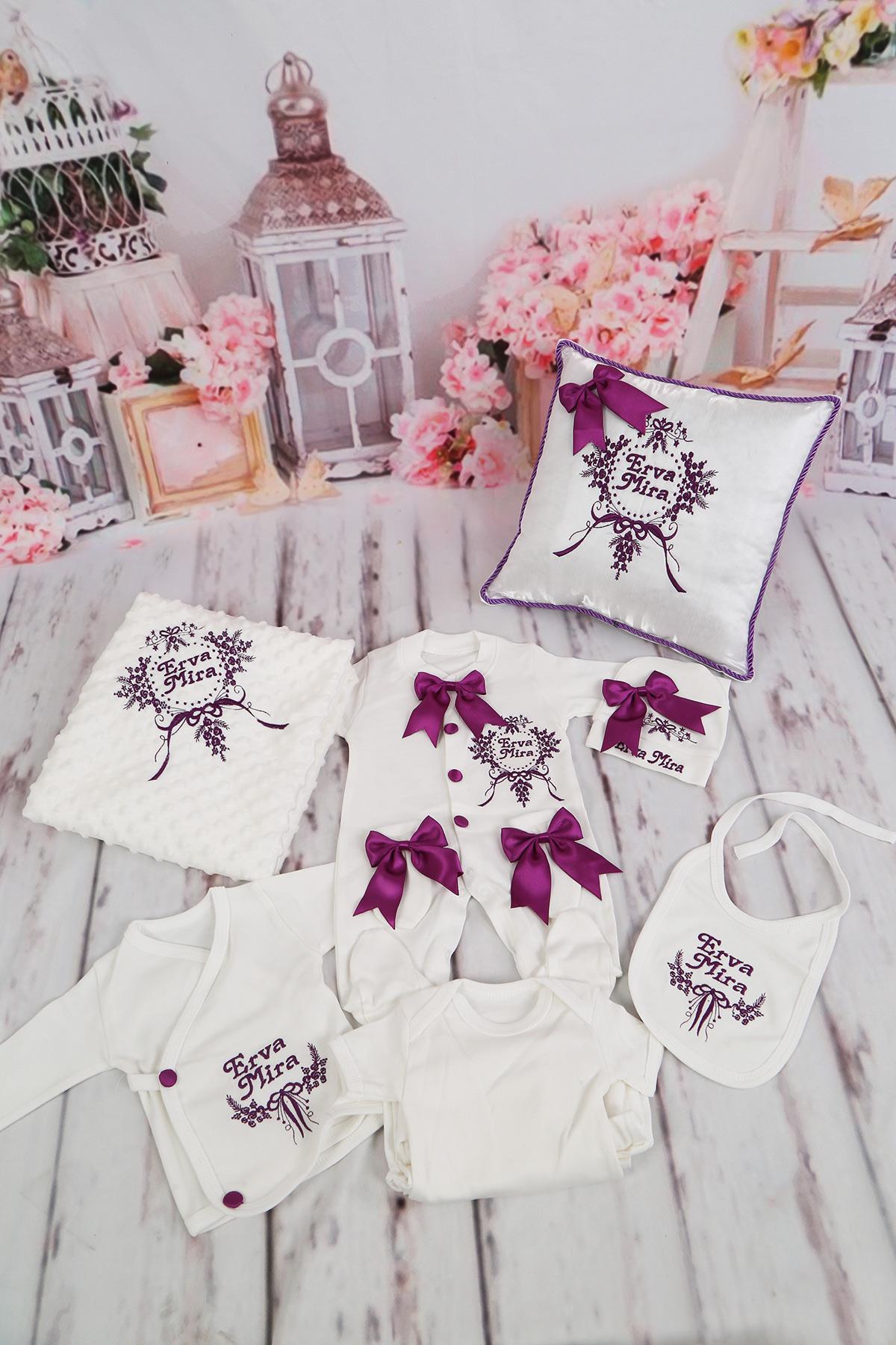 İsme Özel Belis Mor Nakışlı 11li Hastane Çıkışıl lh1149