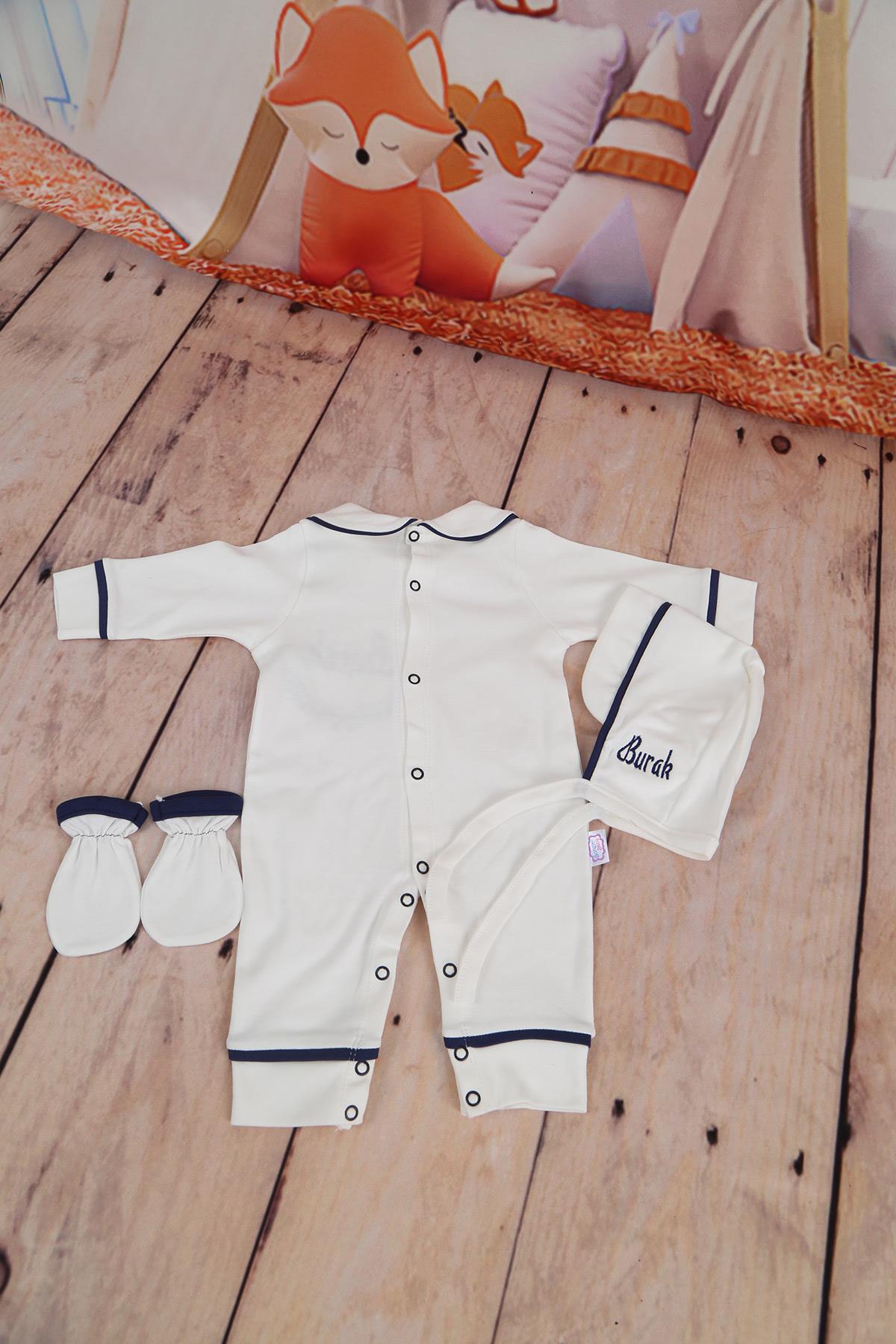 İsme Özel Biye Detaylı Lacivert Nakışlı  Hastane Çıkışı 3'lü set