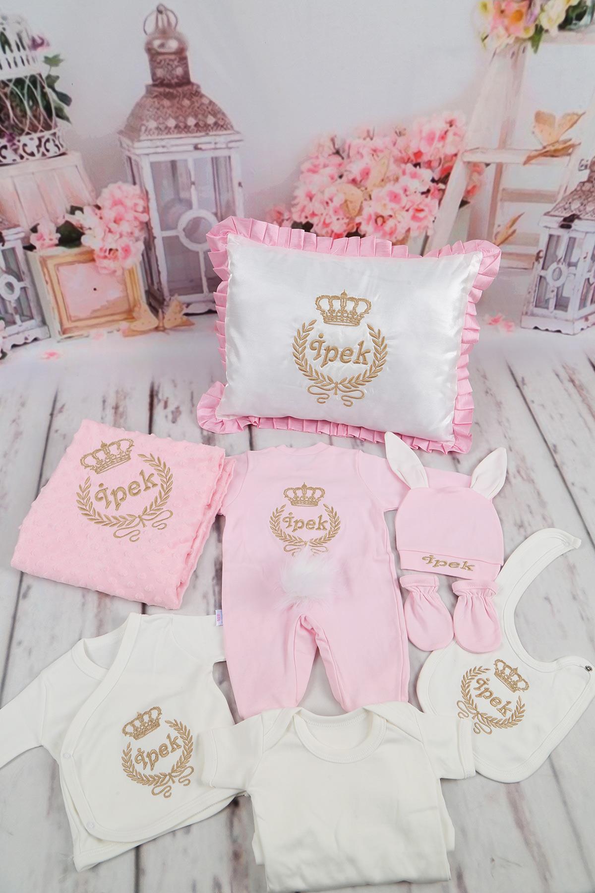 İsme Özel Çelenk Tac Nakışlı 11li Yastıklı Hastane Çıkış Set