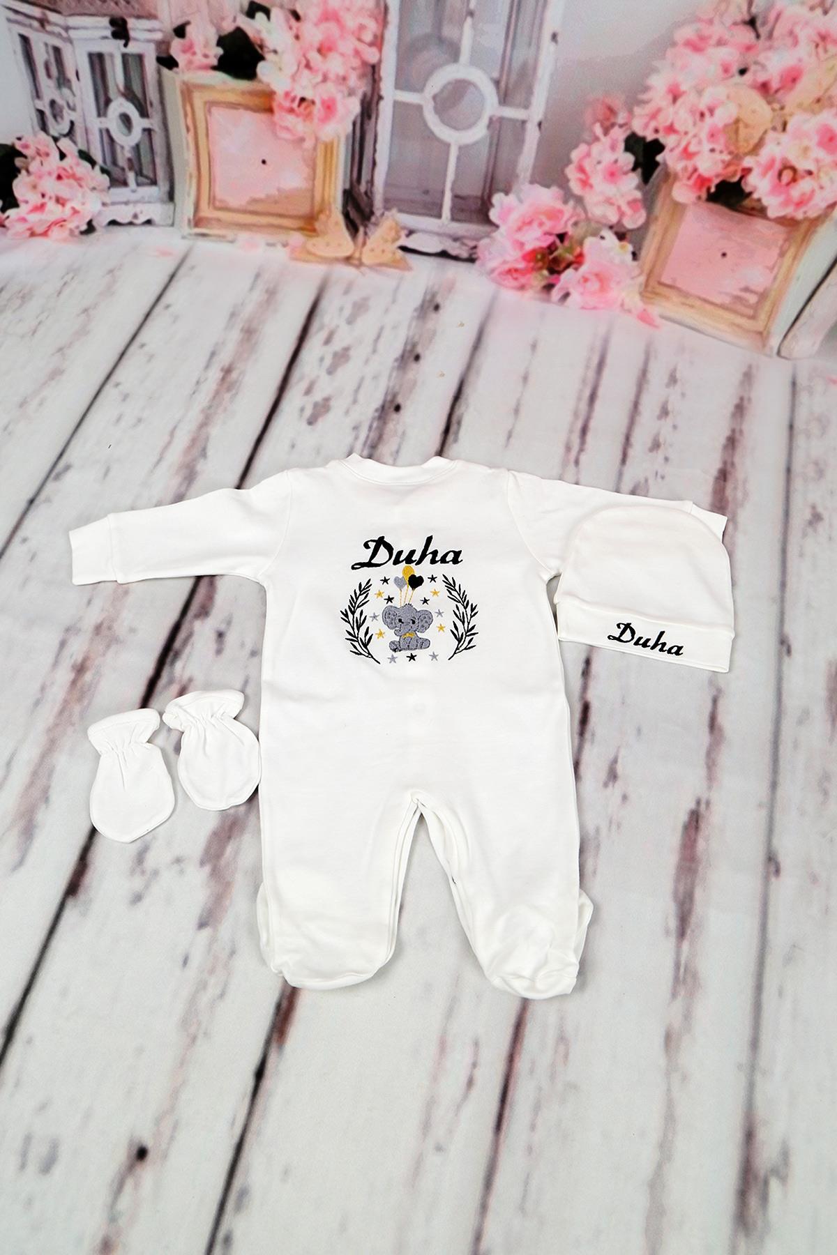 İsme Özel Fil Yıldız Balon Figür Nakışlı 4lü Hastane Çıkış Seti