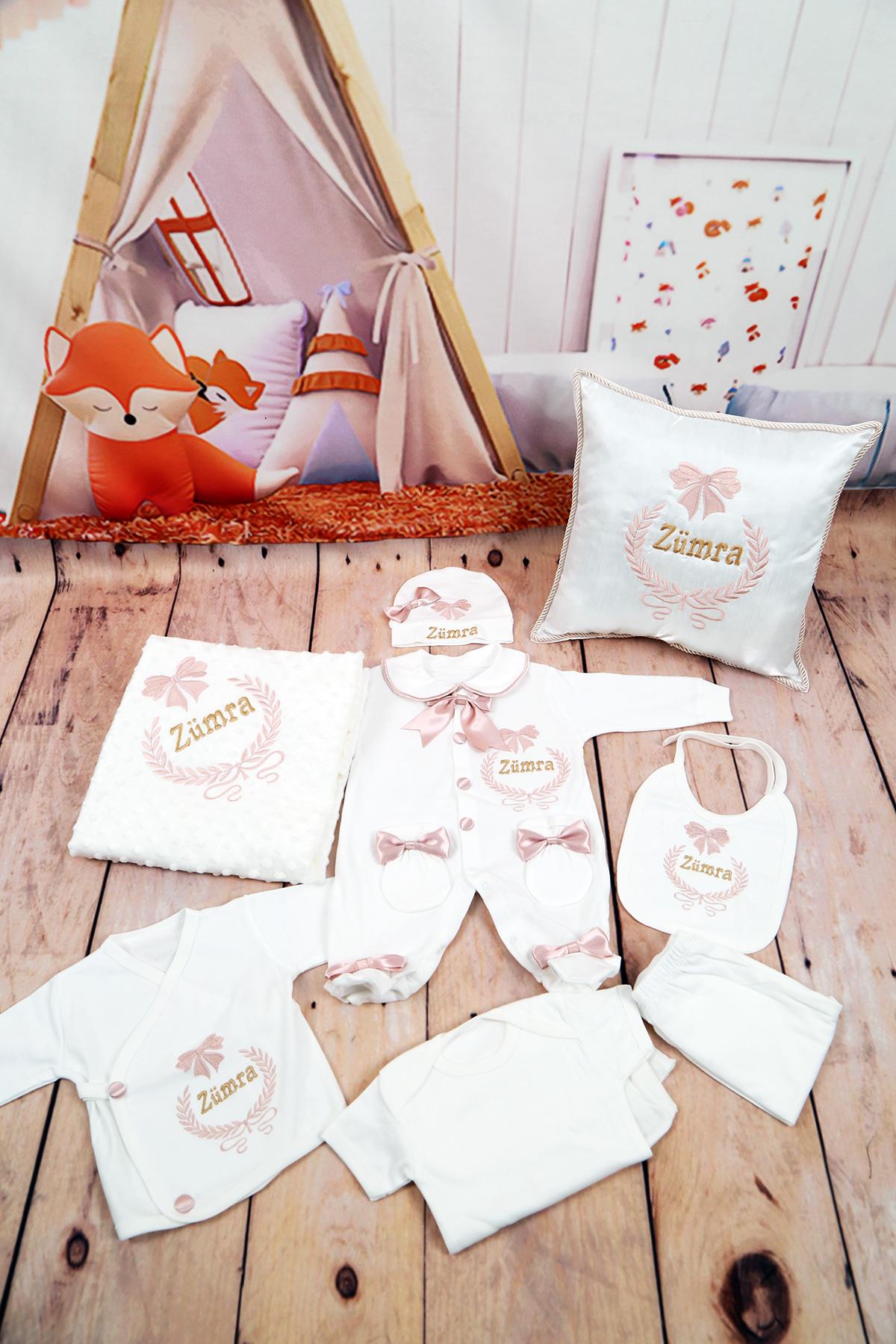 İsme Özel Fiyonk Çelenk Nakışlı 11li Hastane Çıkışı