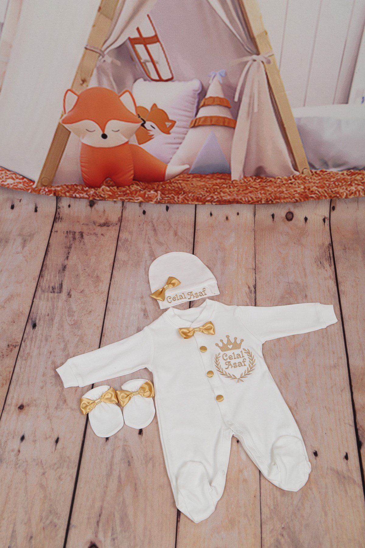 İsme Özel Gold Tac İşlemli 3'lü Bebek Tulum Seti-3023