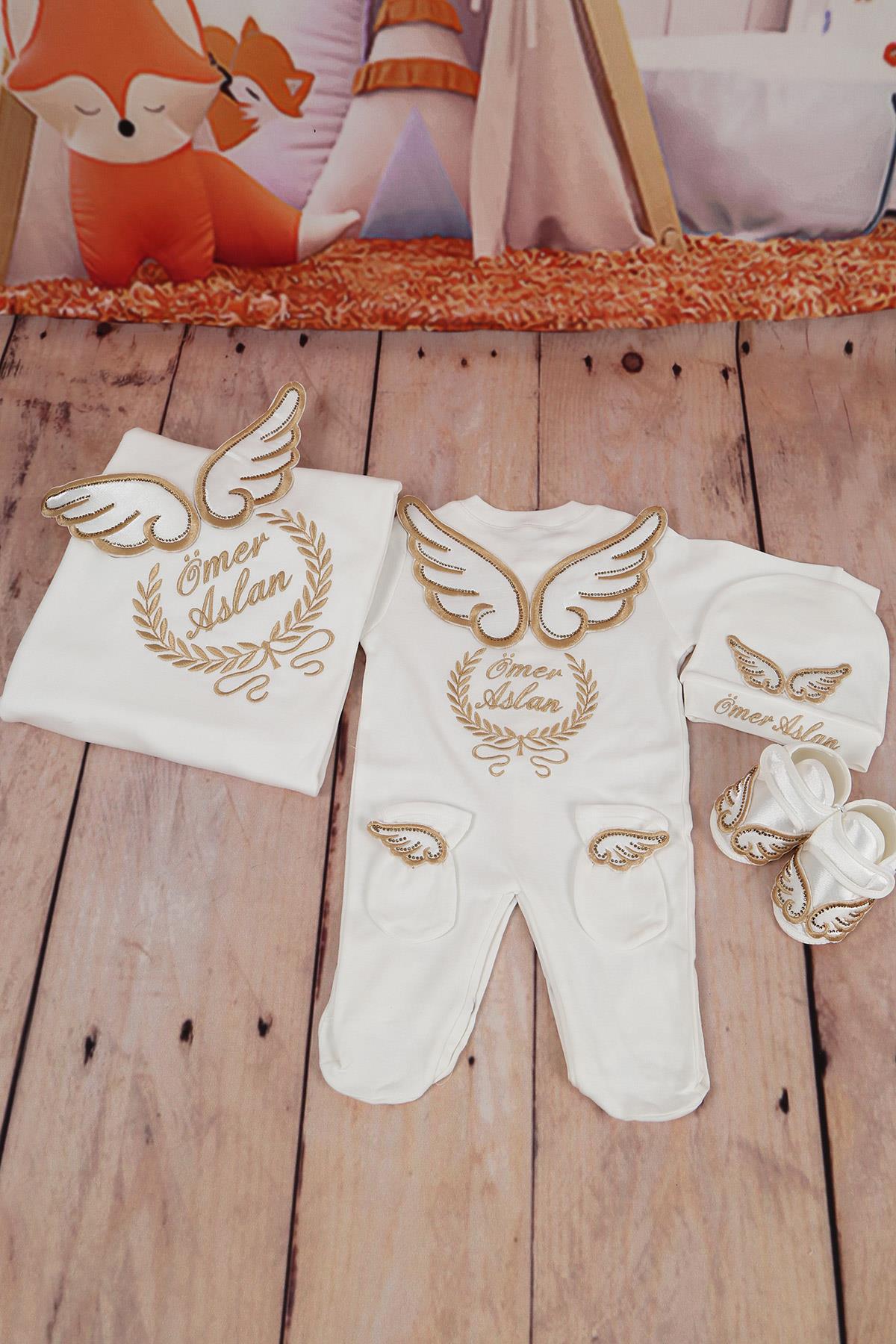 İsme Özel Gold Taşlı Bebek Ayakkabılı 5li Hastane Çıkış Seti Lh1513