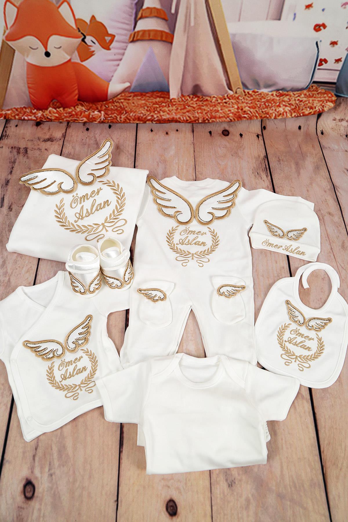İsme Özel Gold Taşlı Bebek Ayakkabılı Hastane Çıkış Seti Lh1013