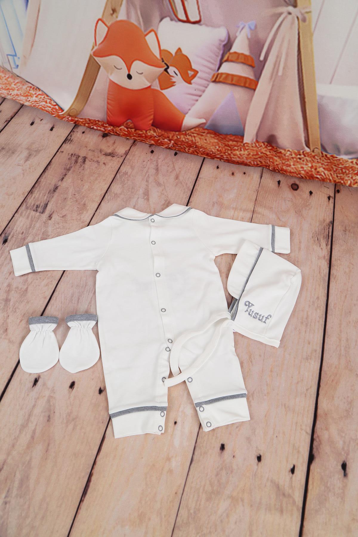 İsme Özel Gri Biye Detaylı Hastane Çıkışı 3'lü set