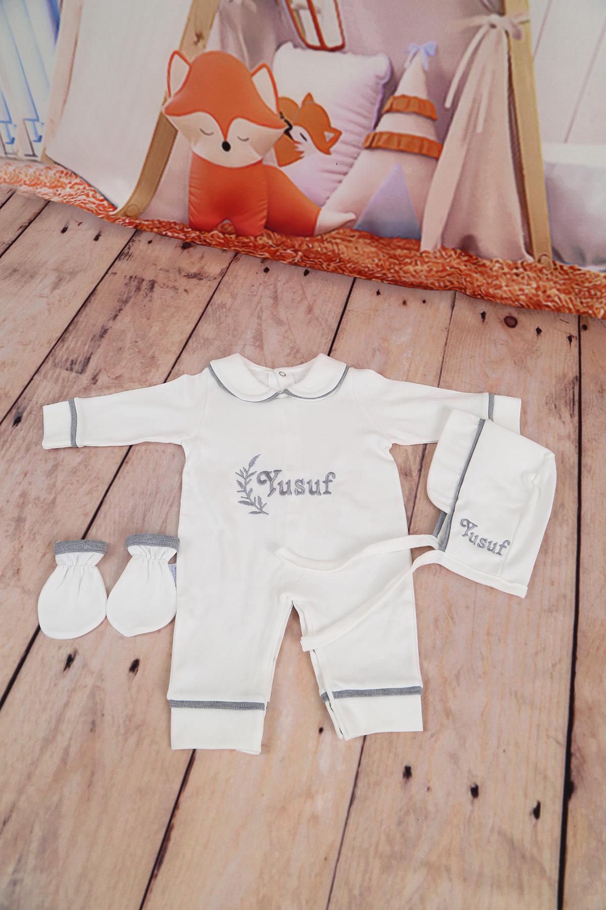 İsme Özel Gri Biye Detaylı Hastane Çıkışı 3'lü set