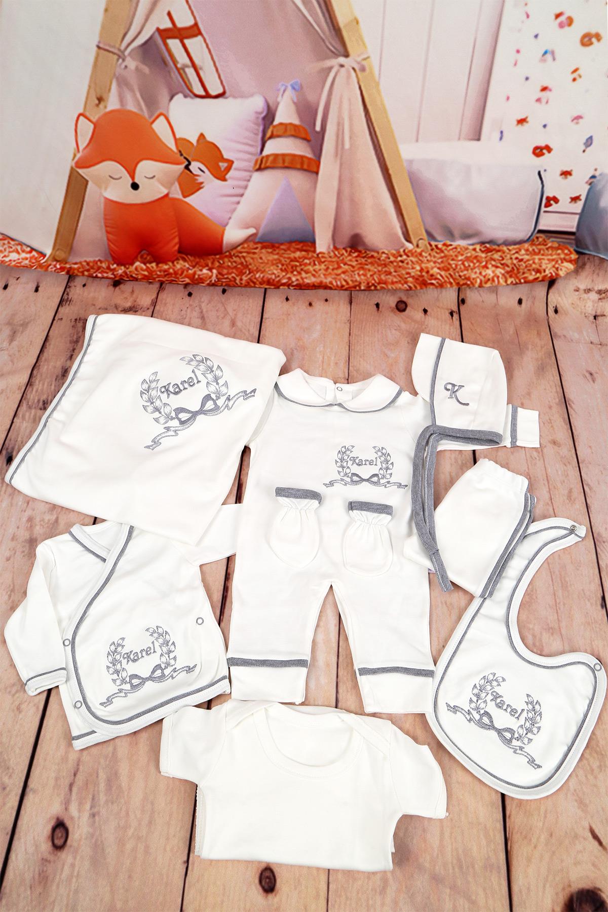 İsme Özel Gri Biye Detaylı Nakışlı 10lı Yastıklı Hastane Çıkış Set