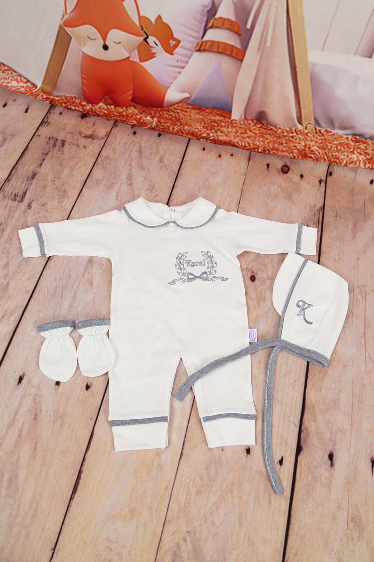 İsme Özel Gri Biye Detaylı Nakışlı 3lü Hastane Çıkış Set