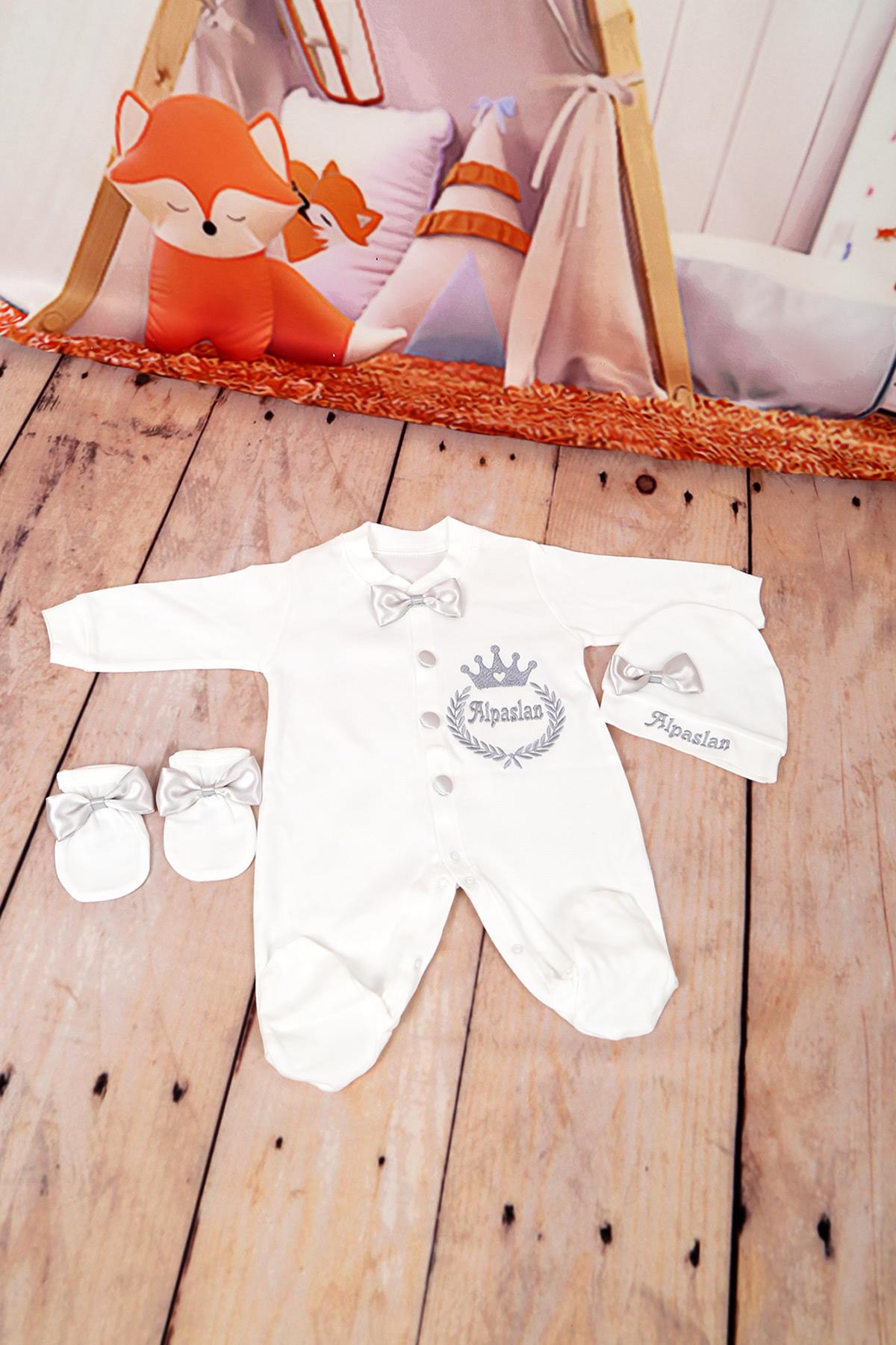 İsme Özel Gri Tac Desenli 3lü Bebek Seti-Lh0357