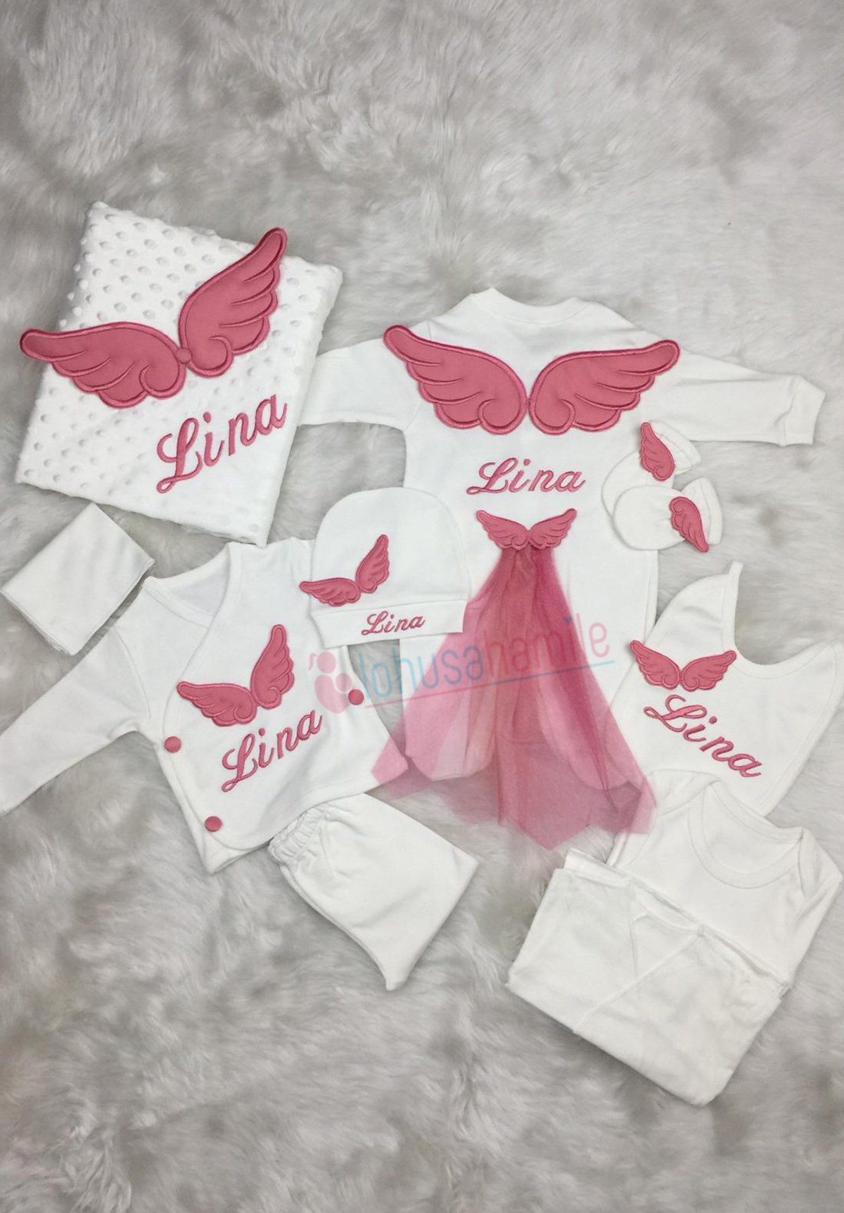 İsme Özel Gülkurusu Kanatlı 10'lu Bebek Tulum Seti-1021