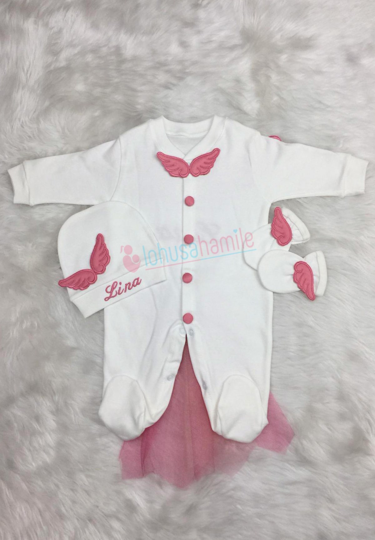 İsme Özel Gülkurusu Kanatlı 3'lü Bebek Tulum Seti-3020