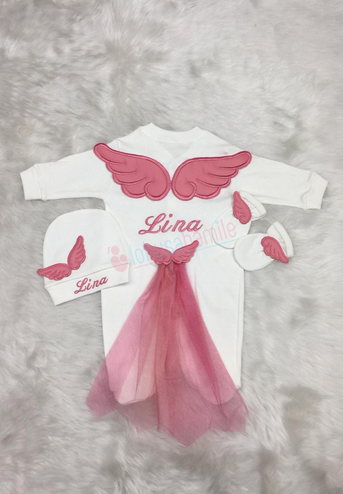 İsme Özel Gülkurusu Kanatlı 3'lü Bebek Tulum Seti-3020