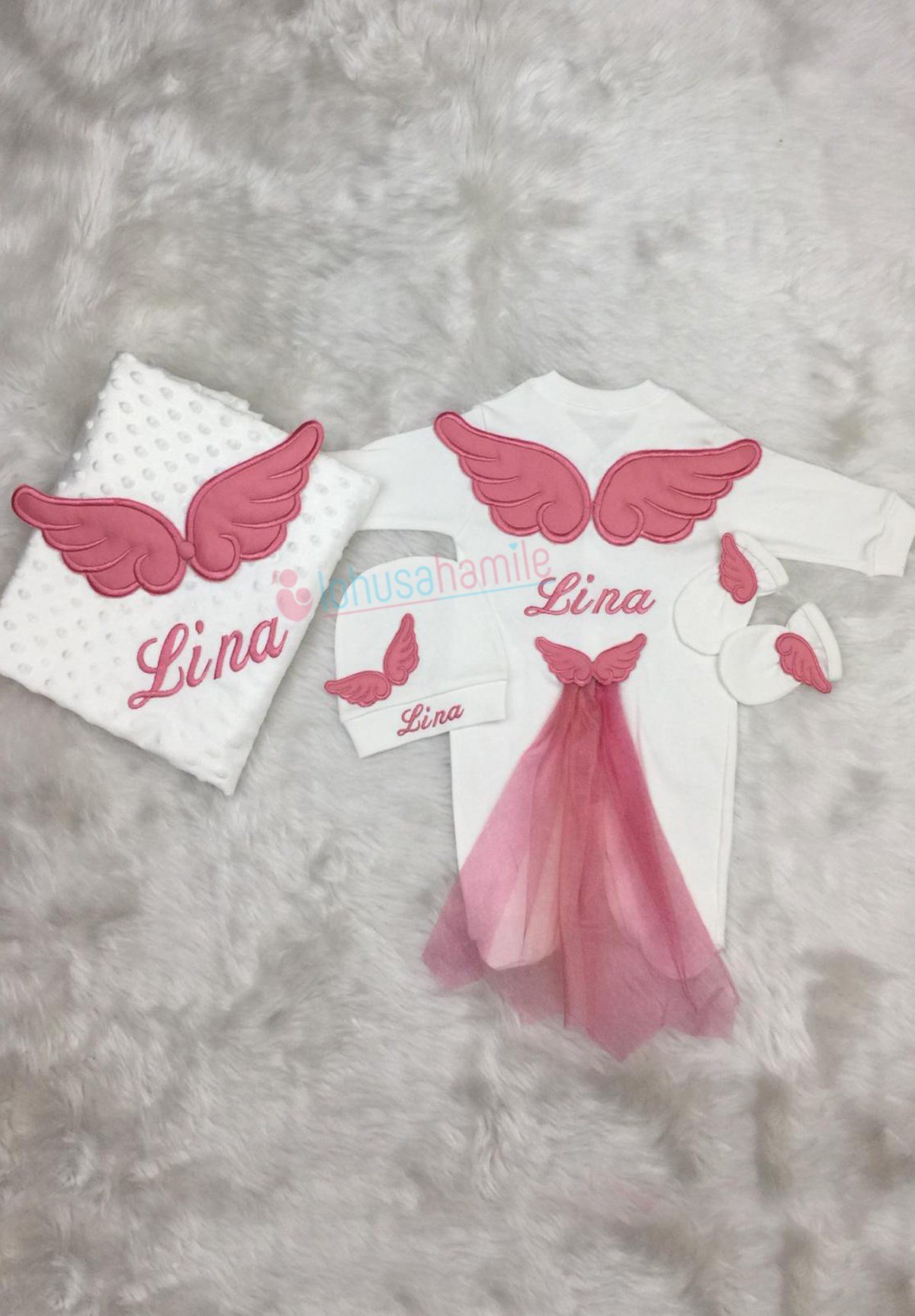 İsme Özel Gülkurusu Kanatlı 4'lü Bebek Tulum Seti-4014