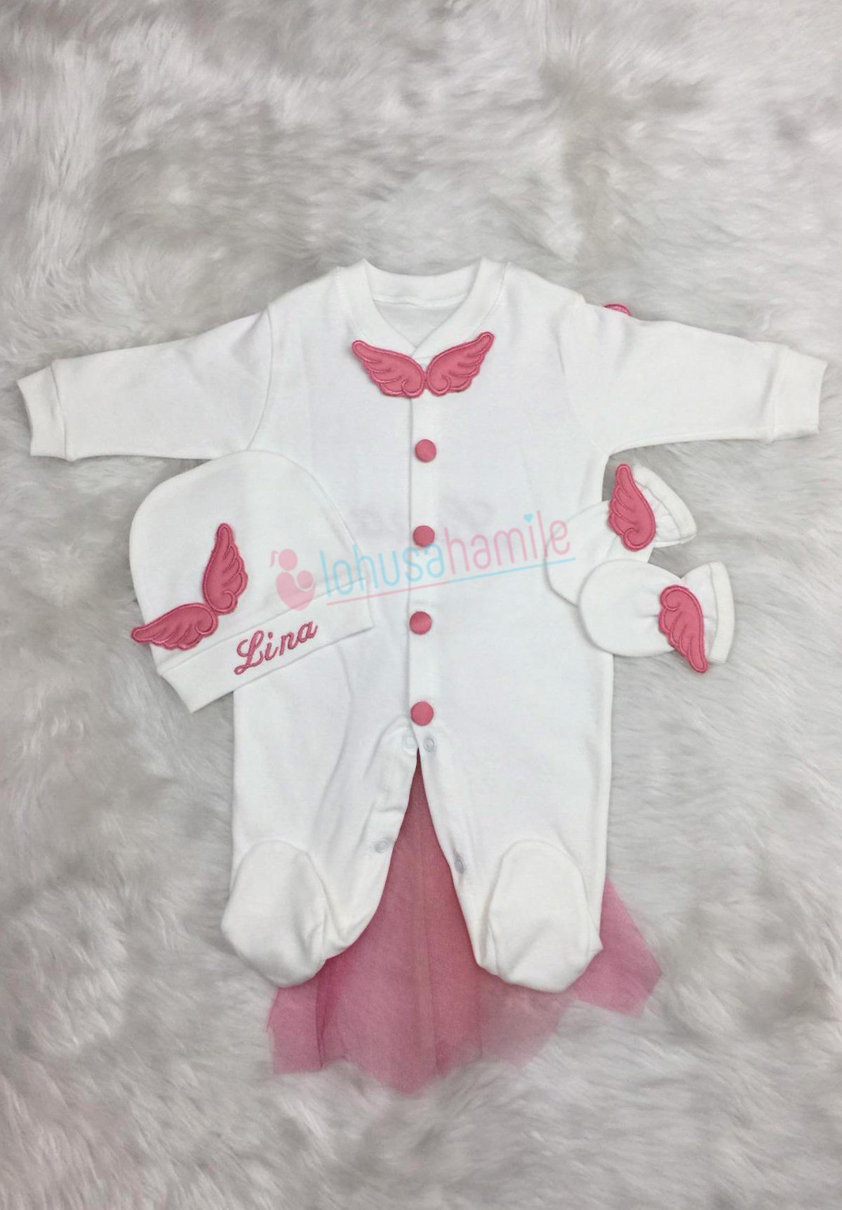 İsme Özel Gülkurusu Kanatlı 4'lü Bebek Tulum Seti-4014