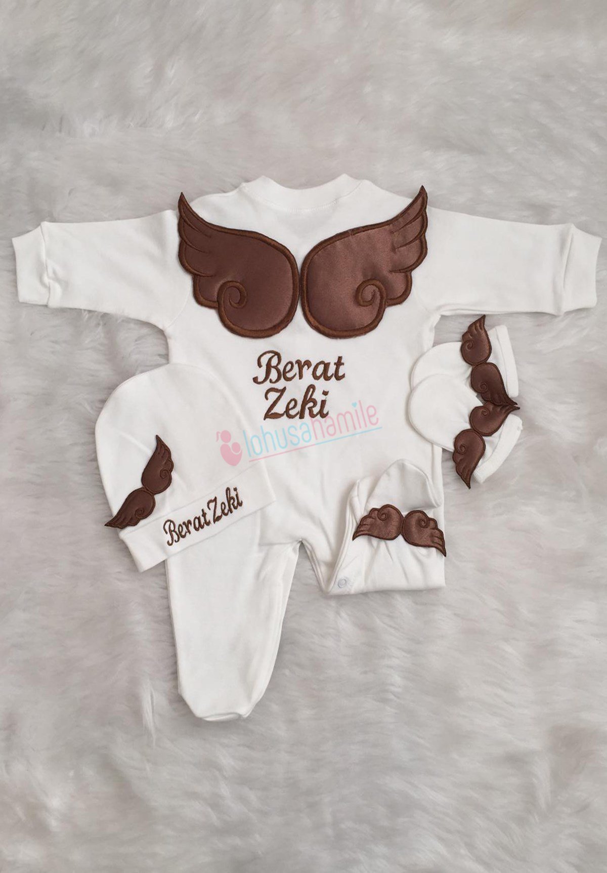 İsme Özel Kahve Rengi Kanat işlemeli 10'lu Bebek Tulum Seti-1035
