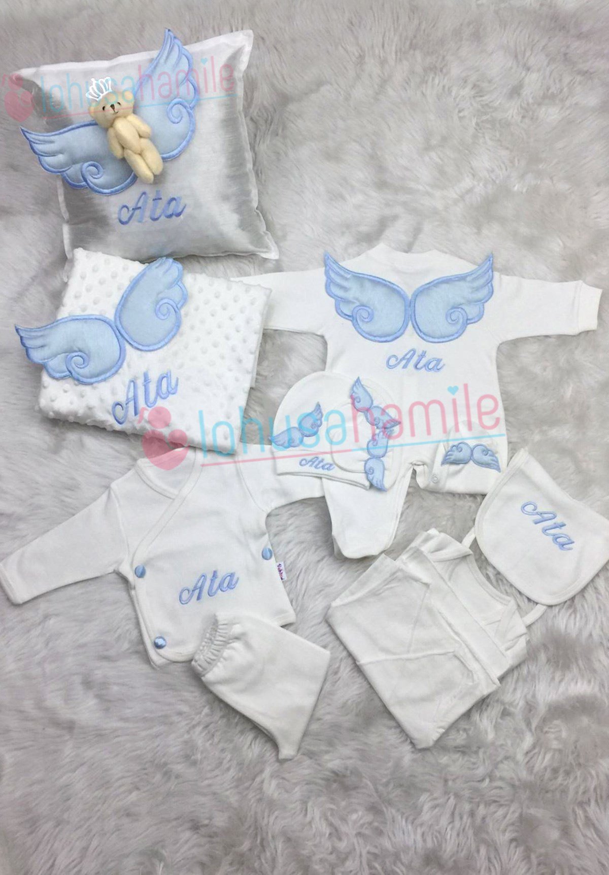 İsme Özel Kanat İşlemli Takı Yastığı ve 10'lu Bebek Seti-LH1141