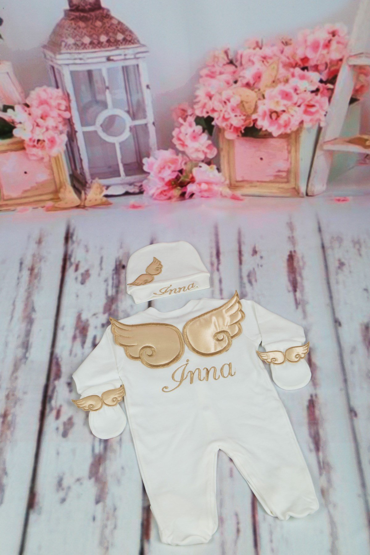 İsme Özel Kanat Nakışlı 3'lu Bebek Tulum Seti-3055