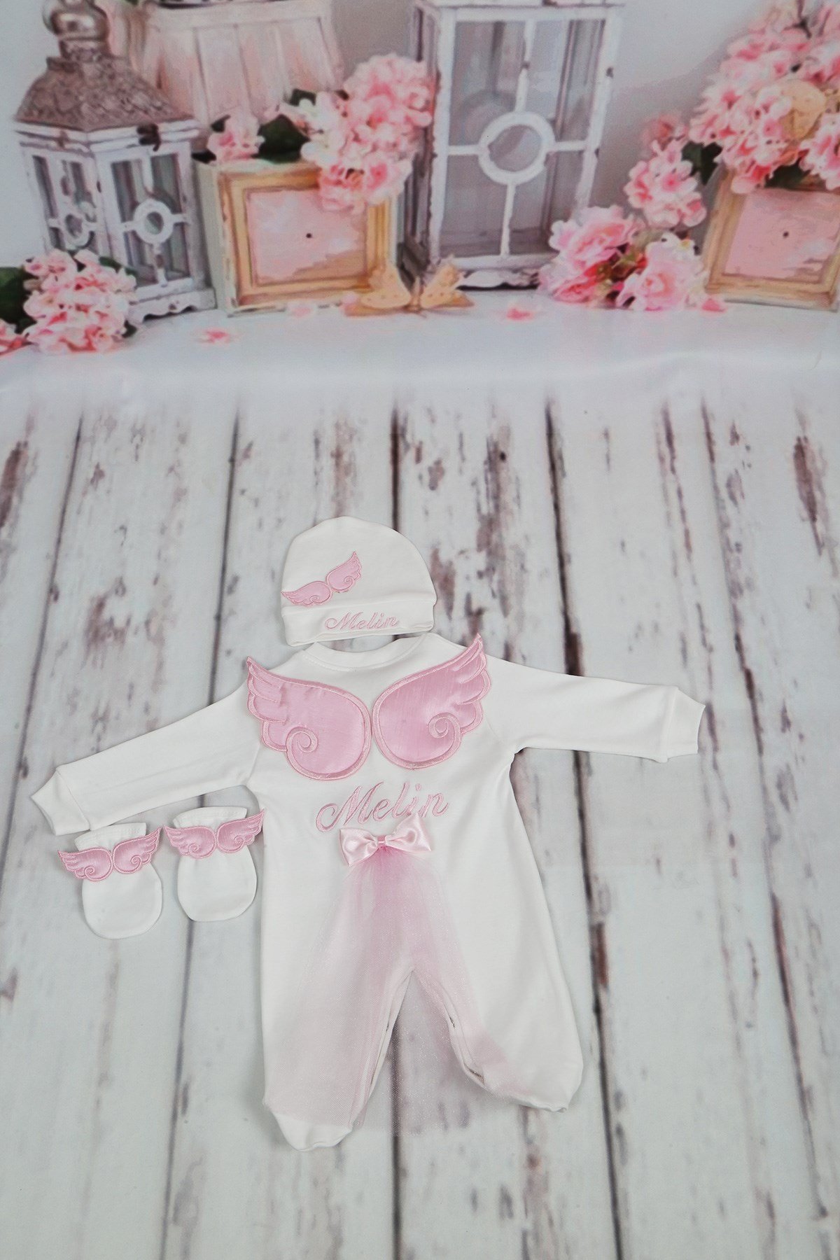 İsme Özel Kanatlı 3'lu Bebek Tulum Seti-3002
