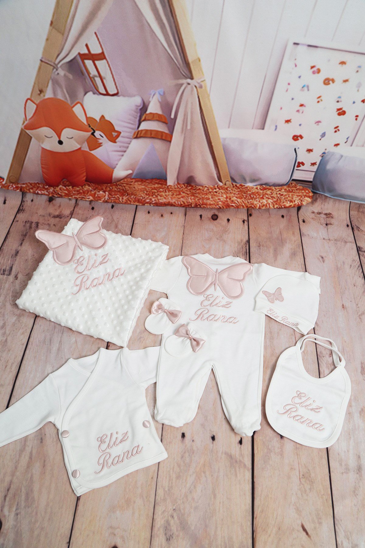 İsme Özel Kelebek 10'lu Bebek Tulum Seti-1001